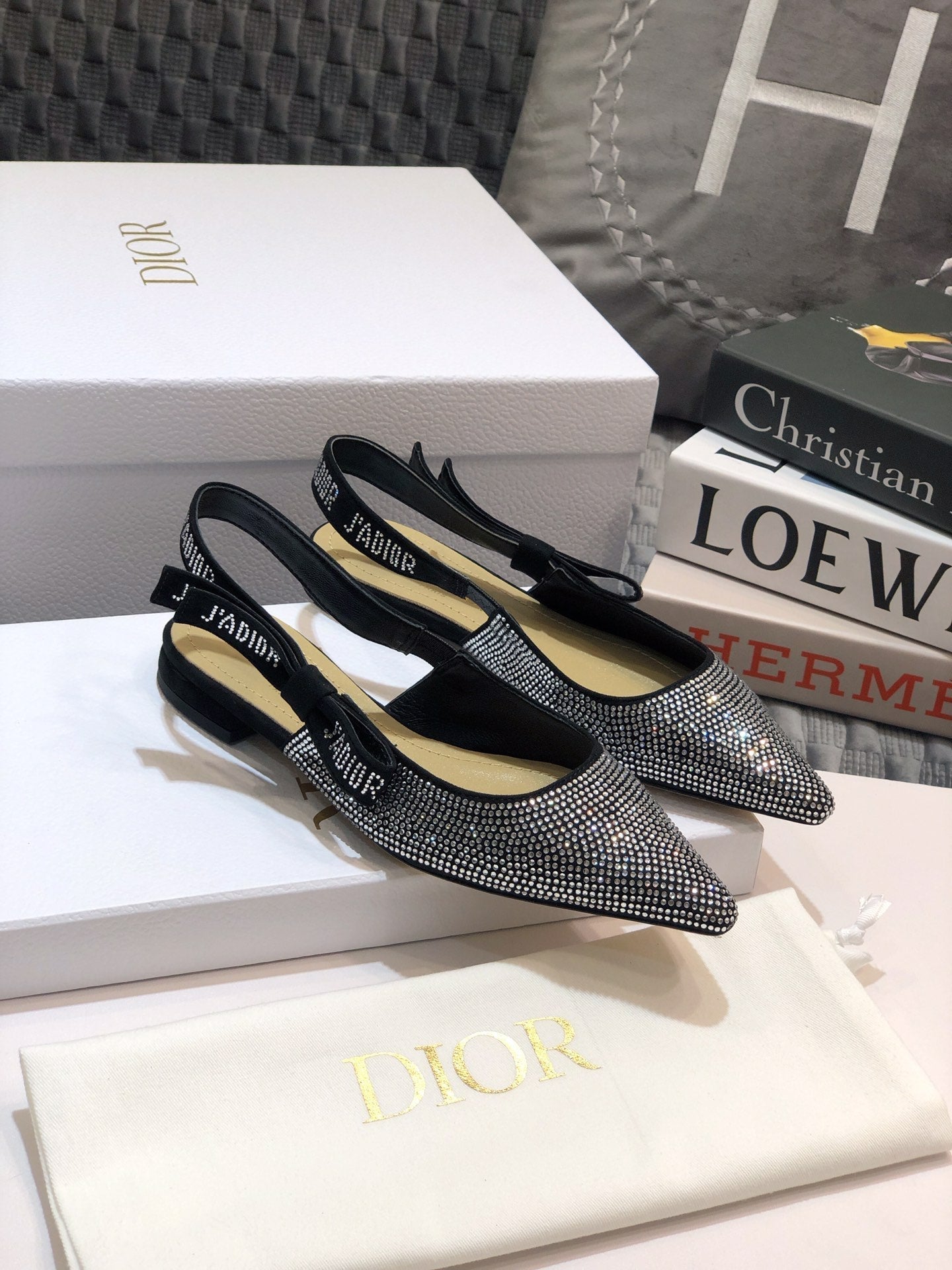 Luxury DiorJA Luxury Diorslingback flat black full diamond crystal and seude