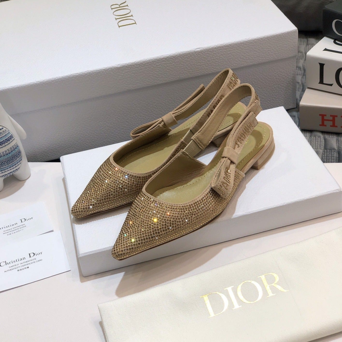 Luxury DiorJA Luxury Diorslingback flat beige full diamond crystal and seude
