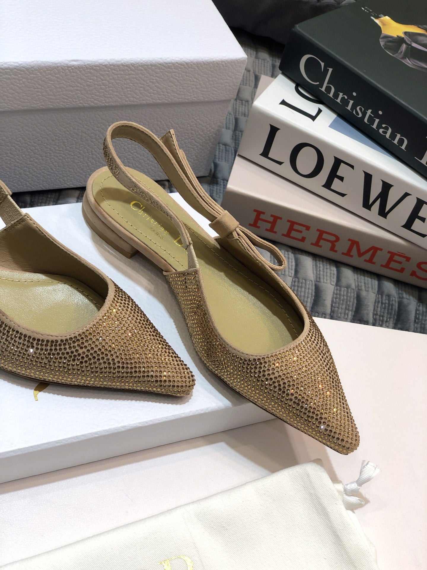 Luxury DiorJA Luxury Diorslingback flat beige full diamond crystal and seude