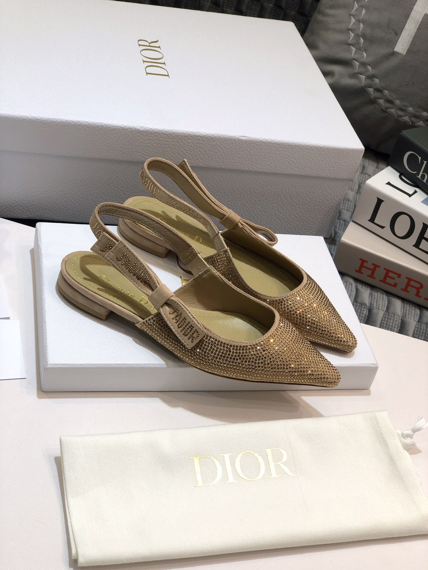 Luxury DiorJA Luxury Diorslingback flat beige full diamond crystal and seude
