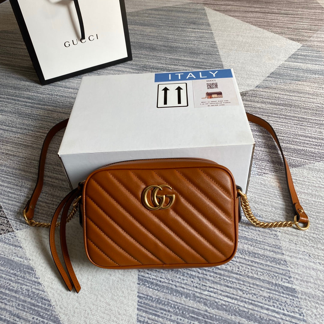 Luxury Gucci gg marmont mini 18cm zip top brown calfskin gold hardware