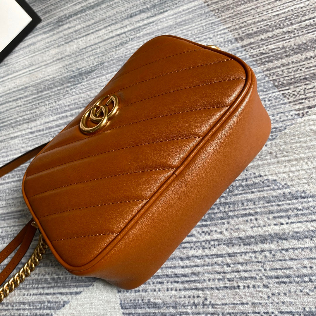 Luxury Gucci gg marmont mini 18cm zip top brown calfskin gold hardware