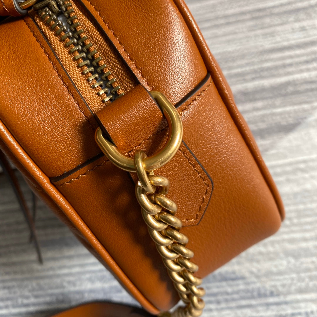 Luxury Gucci gg marmont mini 18cm zip top brown calfskin gold hardware