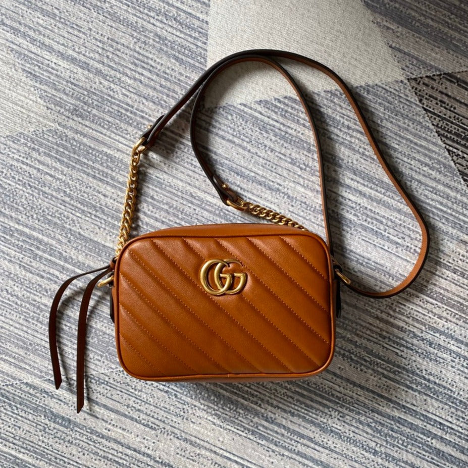 Luxury Gucci gg marmont mini 18cm zip top brown calfskin gold hardware