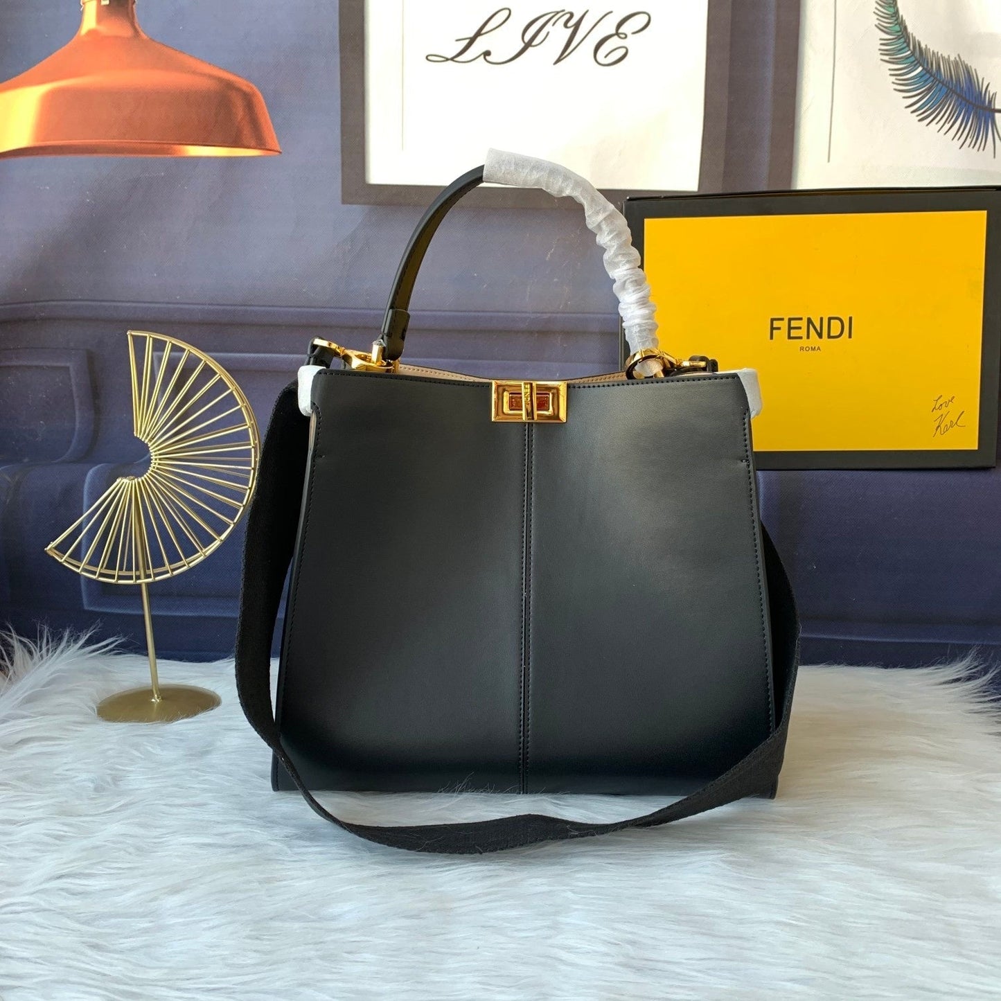 Luxury FendiPeekaboo X-lite medium 30cm Bag black lambskin gold hardware