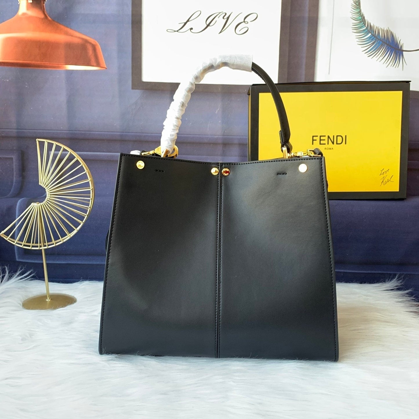 Luxury FendiPeekaboo X-lite medium 30cm Bag black lambskin gold hardware