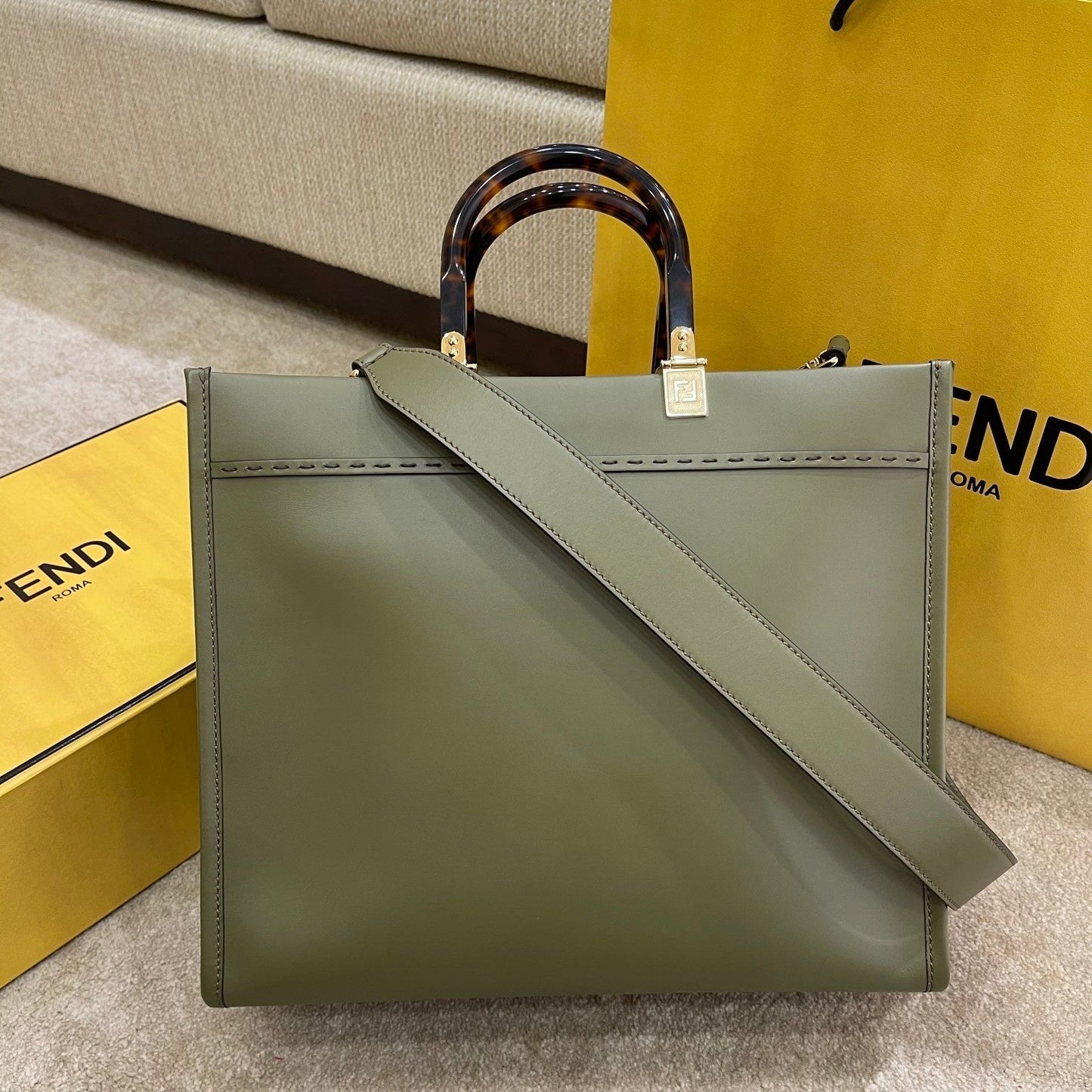 Luxury FendiSHINE LARGE 35 TOTE IN OLIVE GREEN CALFSKIN