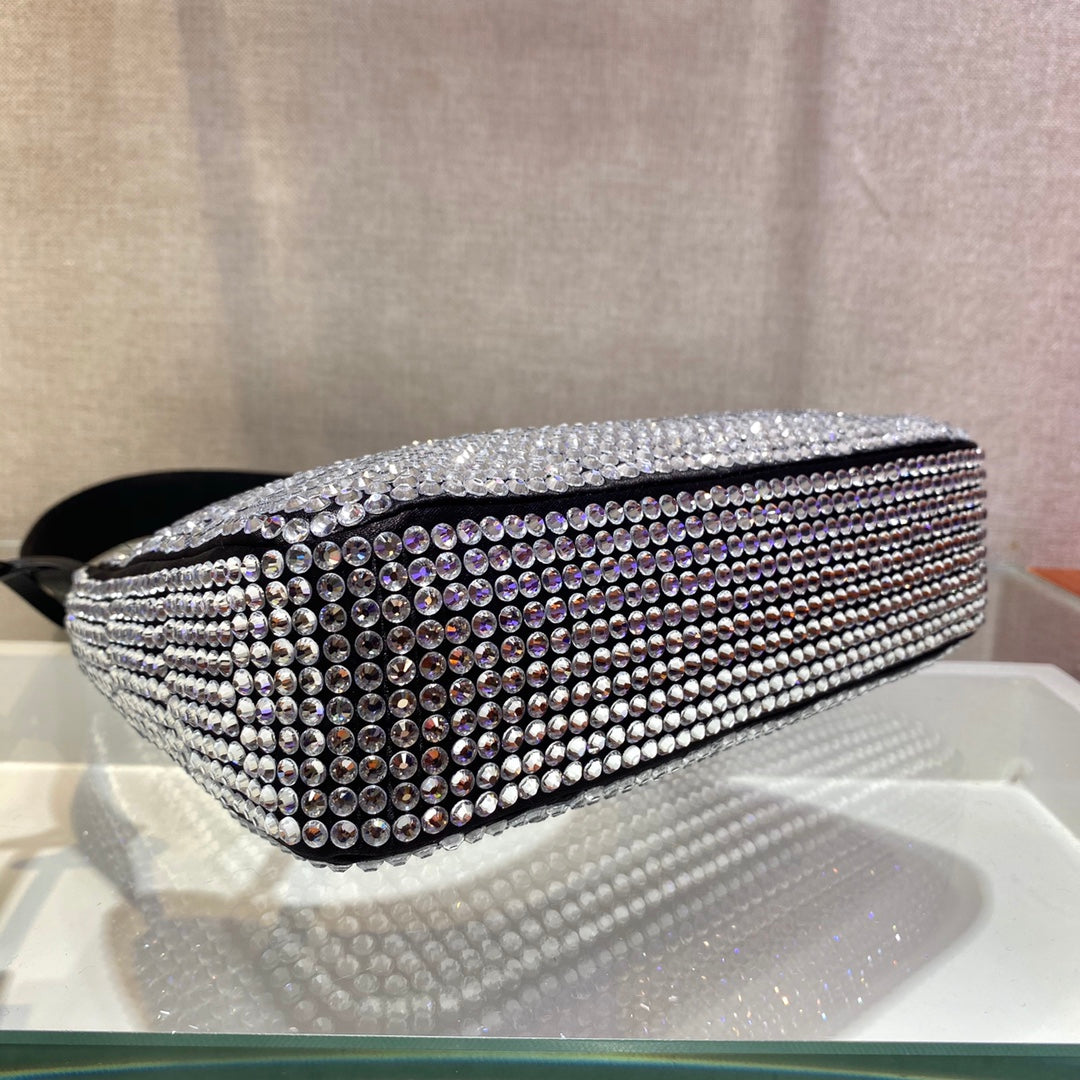 Luxury PradaSPARKLING HOBO BAG 23 IN BLACK NYLON ATTACHED FULLY CRYSTALS