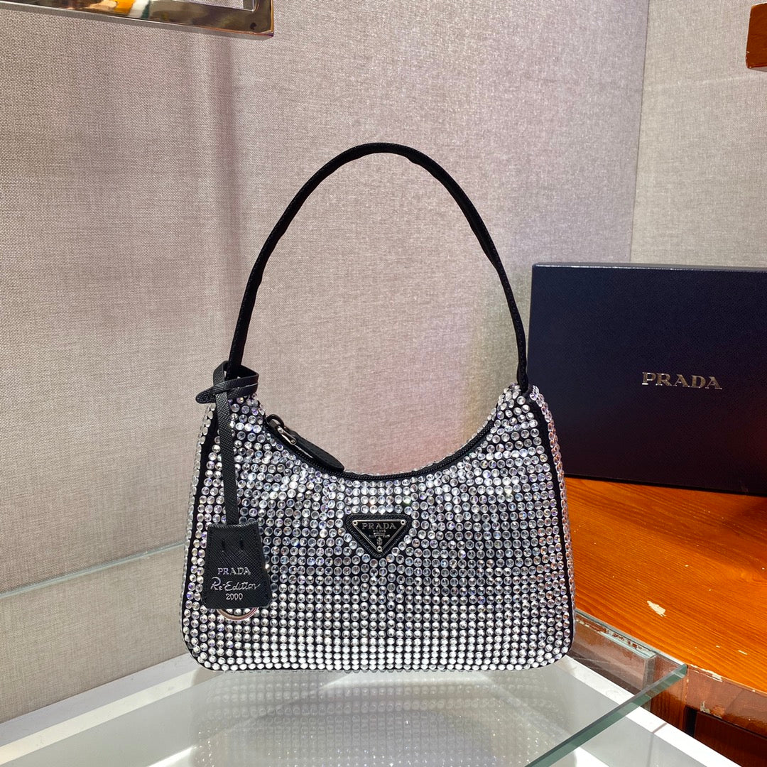 Luxury PradaSPARKLING HOBO BAG 23 IN BLACK NYLON ATTACHED FULLY CRYSTALS