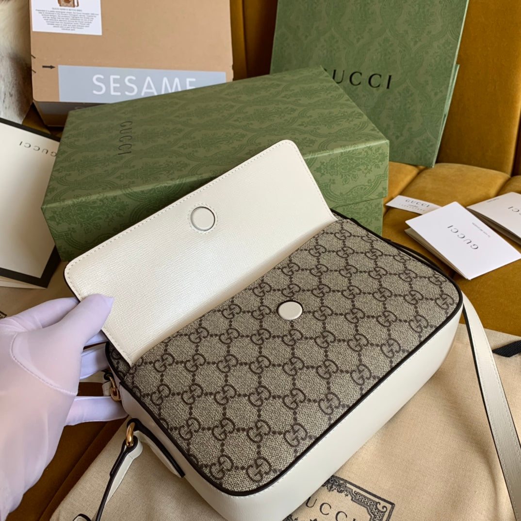 Luxury Gucci HORSEBIT 1955 HANDBAG 22 BROWN CANVAS AND WHITE CALFSKIN