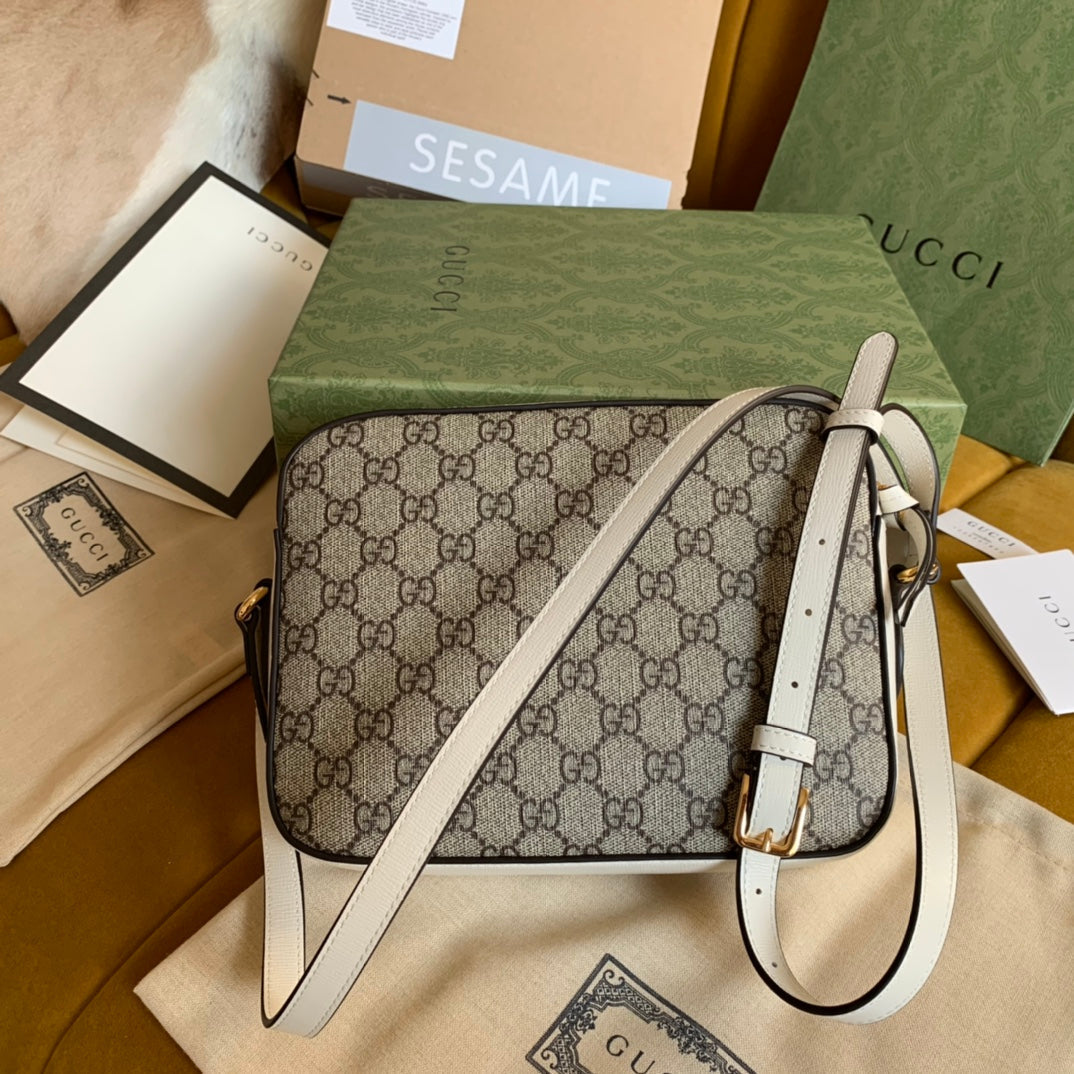 Luxury Gucci HORSEBIT 1955 HANDBAG 22 BROWN CANVAS AND WHITE CALFSKIN