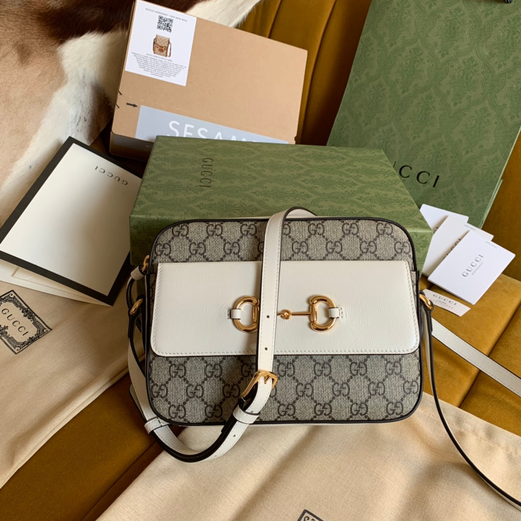 Luxury Gucci HORSEBIT 1955 HANDBAG 22 BROWN CANVAS AND WHITE CALFSKIN