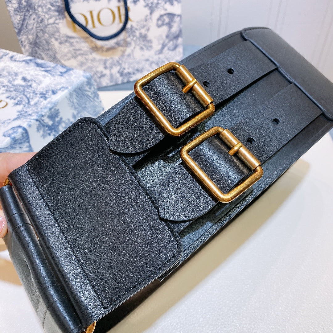 Luxury Diord-waist 10cm double buckle black leather