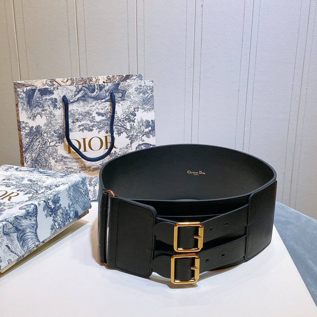 Luxury Diord-waist 10cm double buckle black leather