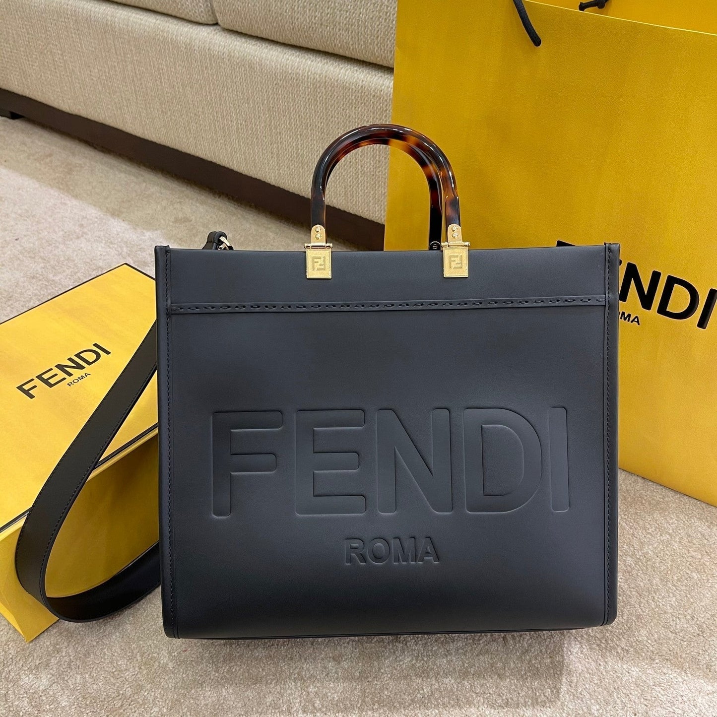 Luxury FendiSHINE LARGE 35 TOTE IN BLACK CALFSKIN