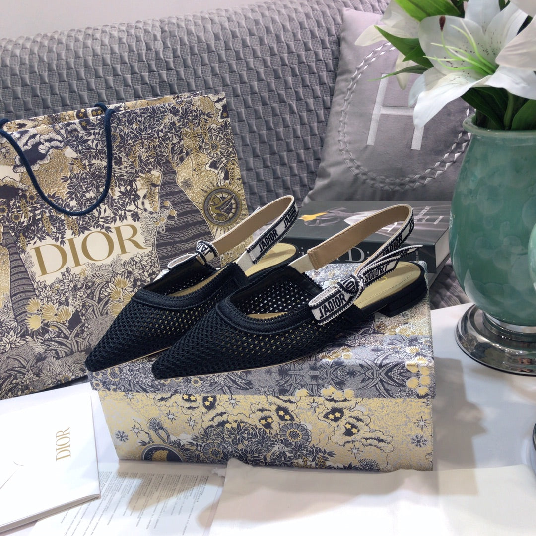 Luxury DiorJA Luxury Diorslingback flat full transparent mesh black embroidered cotton