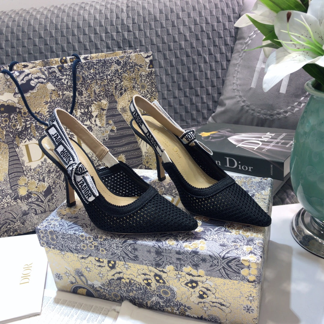 Luxury DiorJA Luxury Diorslingback pumps 95 full transparent mesh black embroidered cotton