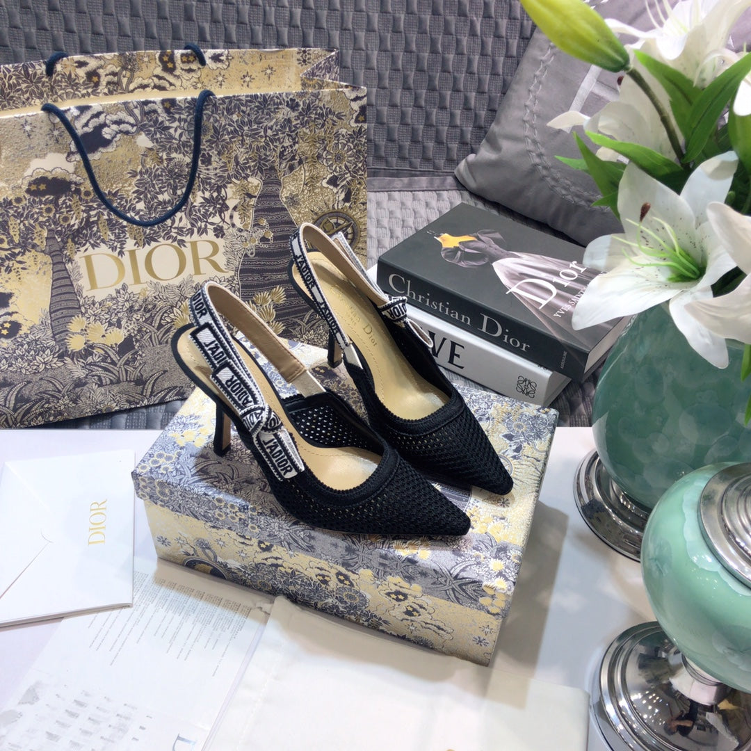 Luxury DiorJA Luxury Diorslingback pumps 95 full transparent mesh black embroidered cotton