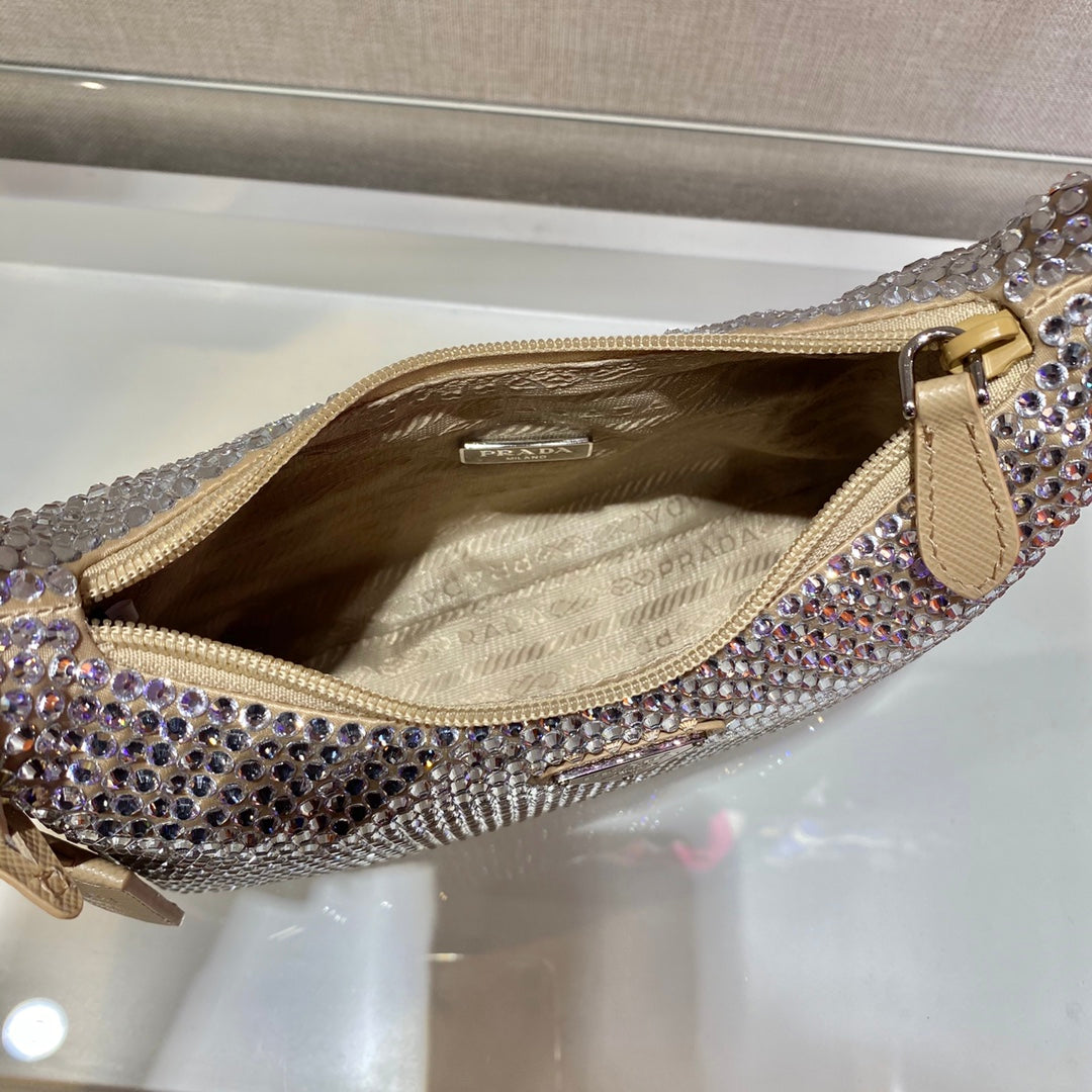 Luxury PradaSPARKLING HOBO BAG 23 IN BEIGE NYLON ATTACHED FULLY CRYSTALS