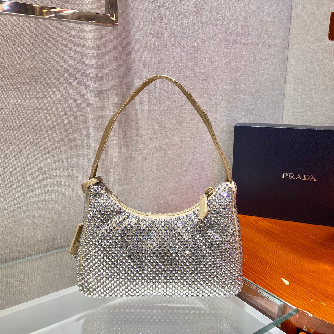 Luxury PradaSPARKLING HOBO BAG 23 IN BEIGE NYLON ATTACHED FULLY CRYSTALS