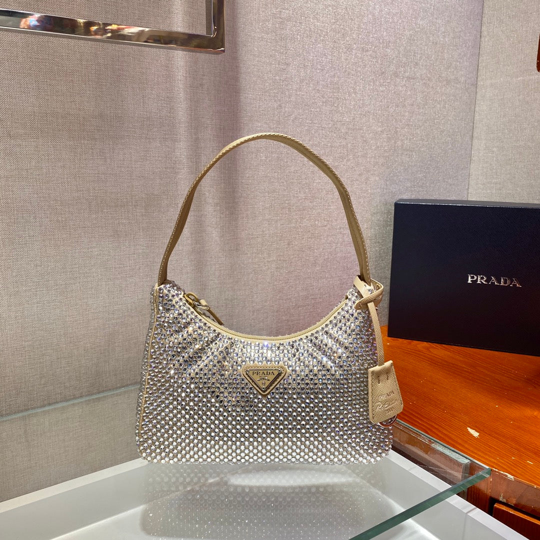 Luxury PradaSPARKLING HOBO BAG 23 IN BEIGE NYLON ATTACHED FULLY CRYSTALS