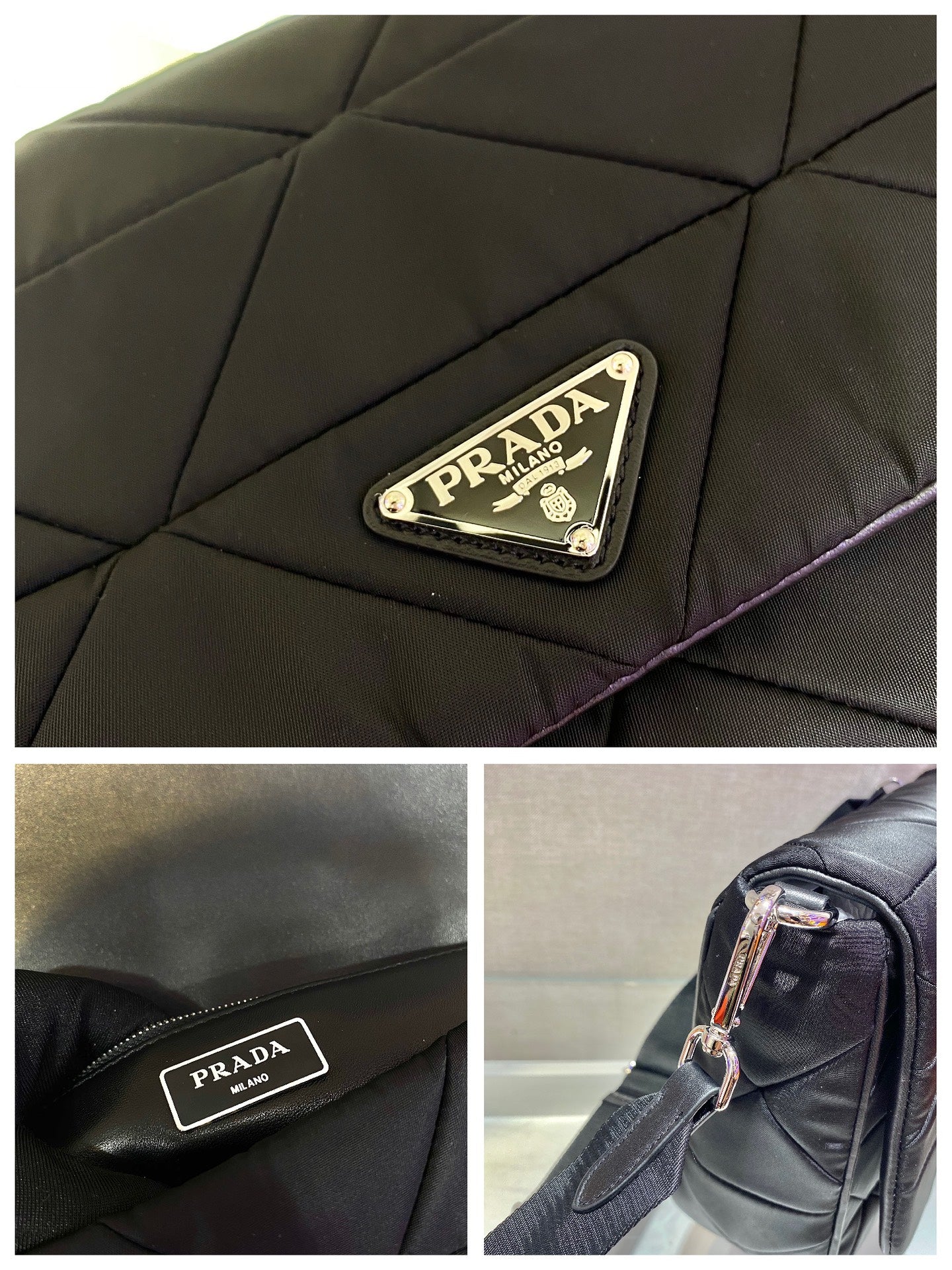 Luxury PradaLARGE FLAP BAG 28 IN BLACK TRIANGULAR QUILTED PATTERN RE-NYLON