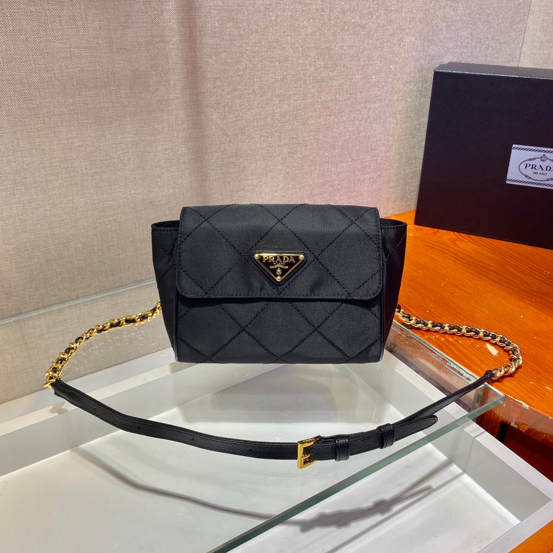 Luxury PradaSMALL QUILTED FLAP BAG 18 IN BLACK RE-NYLON FABRIC GOLD CHAIN