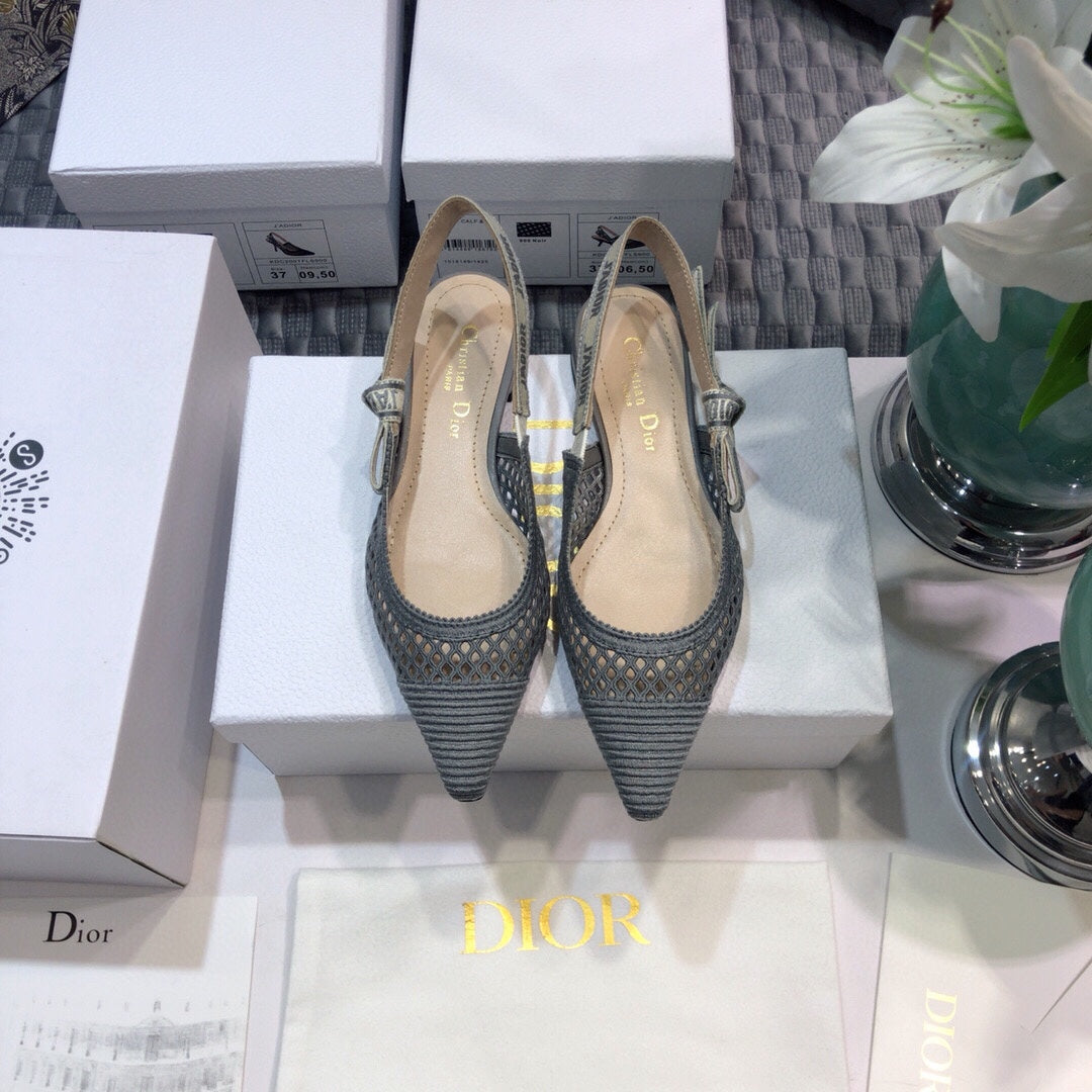 Luxury DiorJA Luxury Diorslingback flat transparent mesh grey embroidered cotton