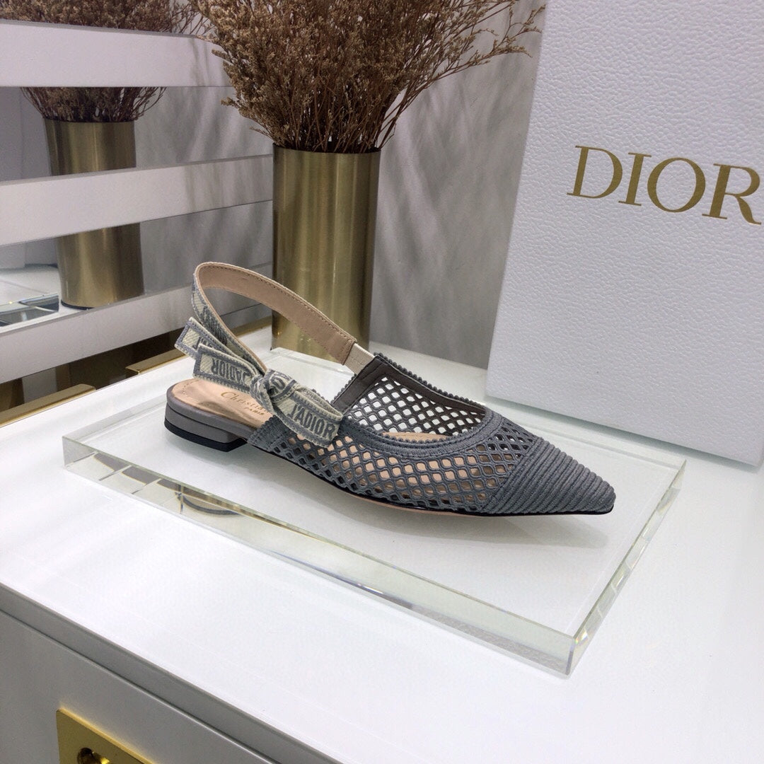 Luxury DiorJA Luxury Diorslingback flat transparent mesh grey embroidered cotton