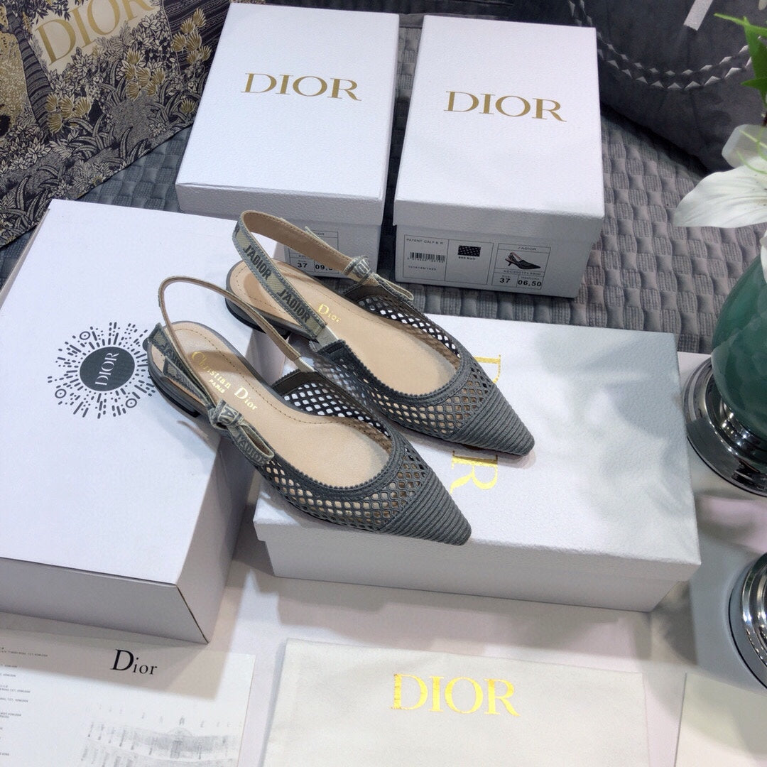 Luxury DiorJA Luxury Diorslingback flat transparent mesh grey embroidered cotton