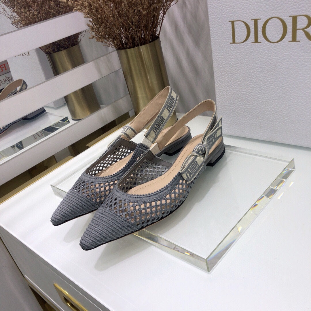 Luxury DiorJA Luxury Diorslingback flat transparent mesh grey embroidered cotton