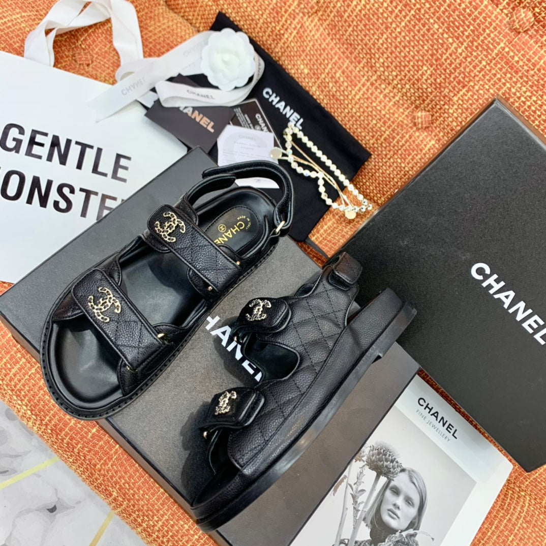 Luxury Chanel dad sandals black grained calfskin