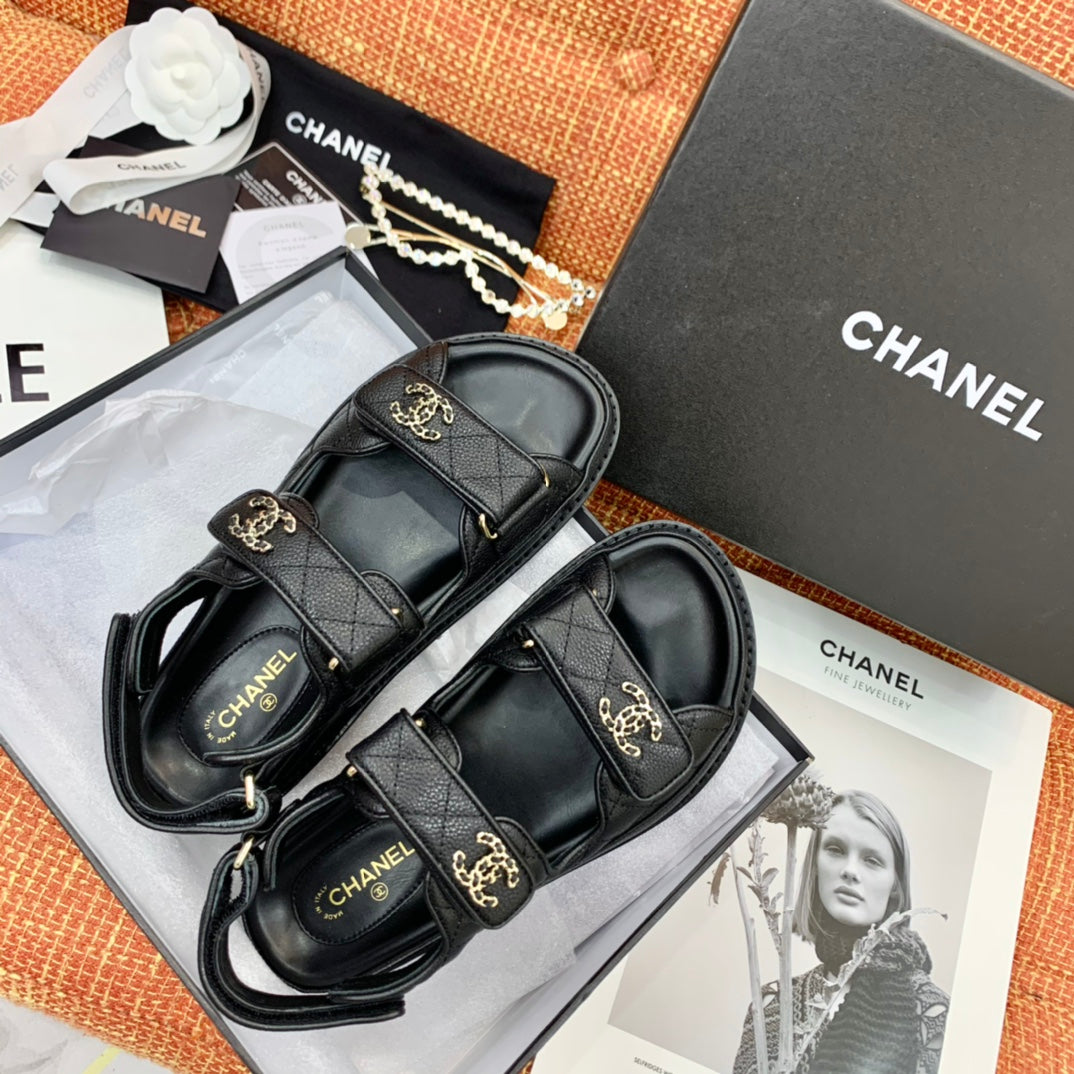 Luxury Chanel dad sandals black grained calfskin
