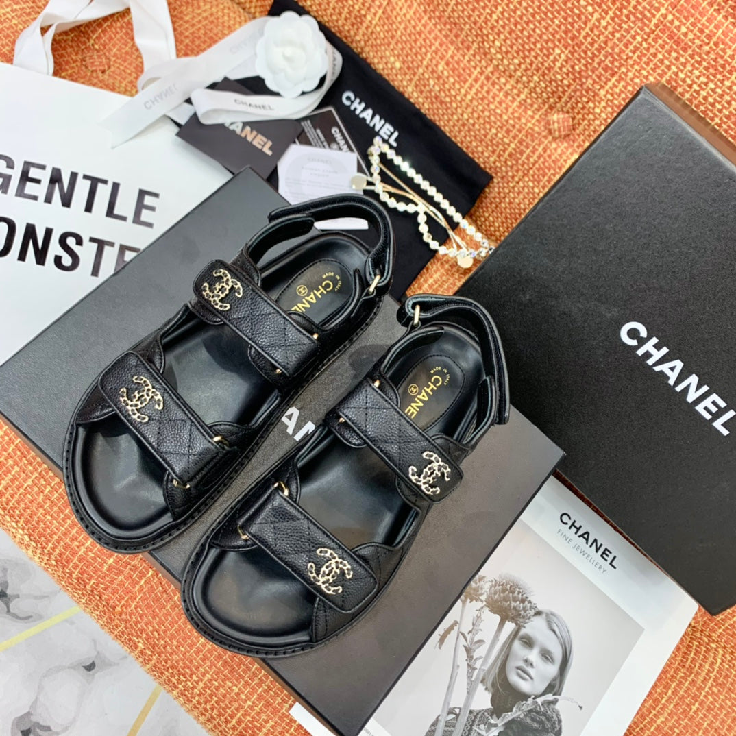 Luxury Chanel dad sandals black grained calfskin