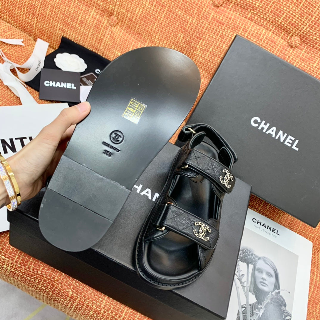 Luxury Chanel dad sandals black grained calfskin