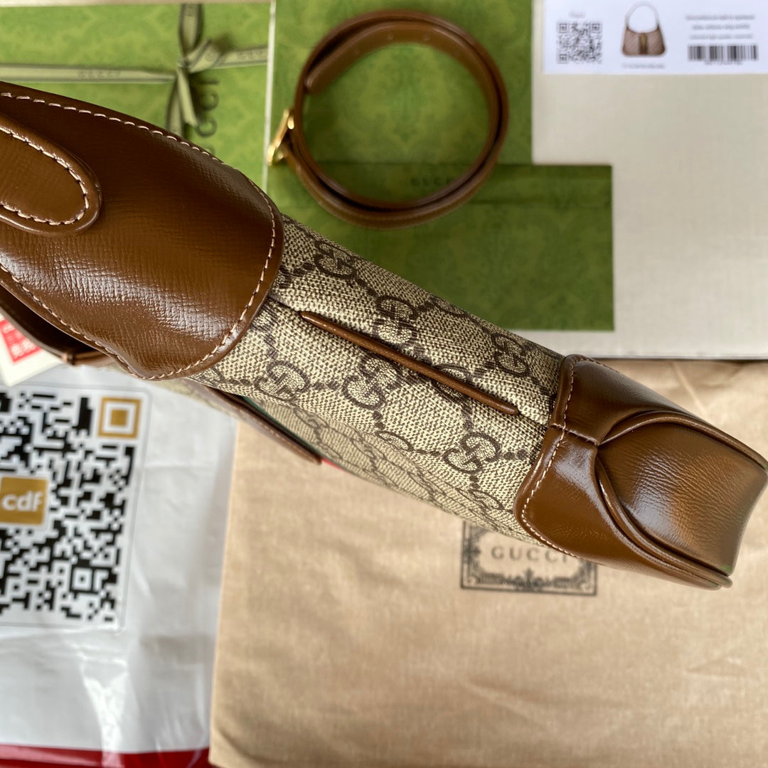 Luxury Gucci gg jackie small 28cm beige monogram canvas brown calfskin