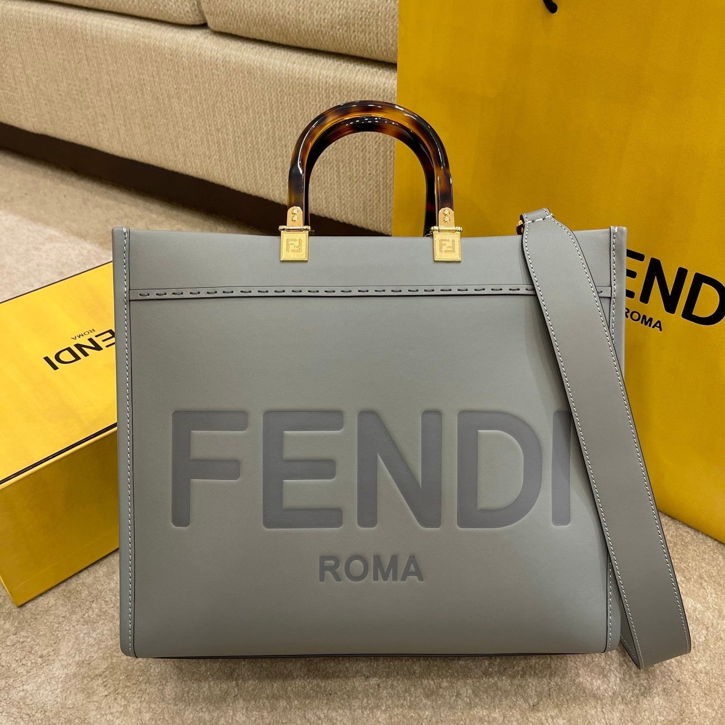Luxury FendiSHINE LARGE 35 TOTE IN SHADOW GREY CALFSKIN