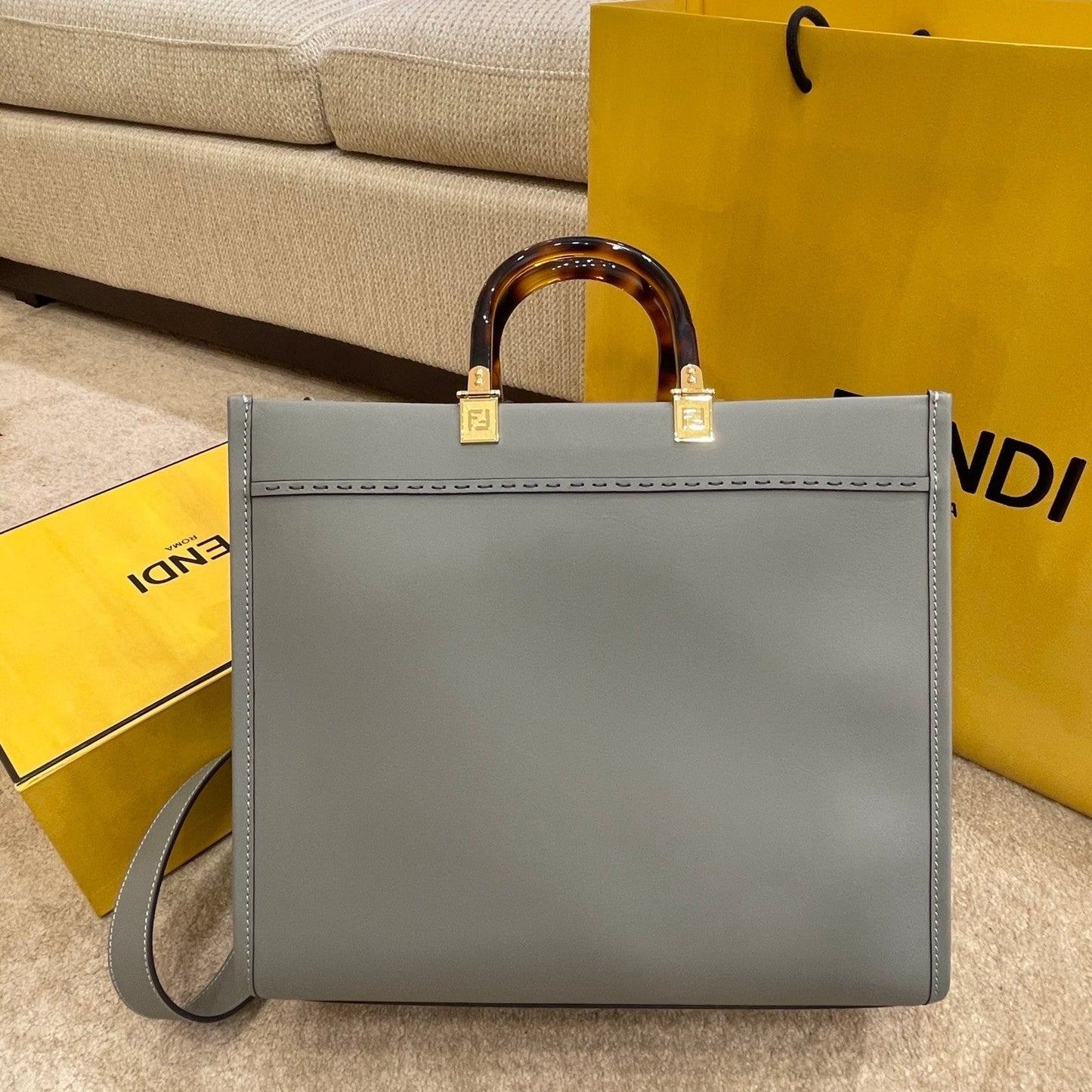 Luxury FendiSHINE LARGE 35 TOTE IN SHADOW GREY CALFSKIN
