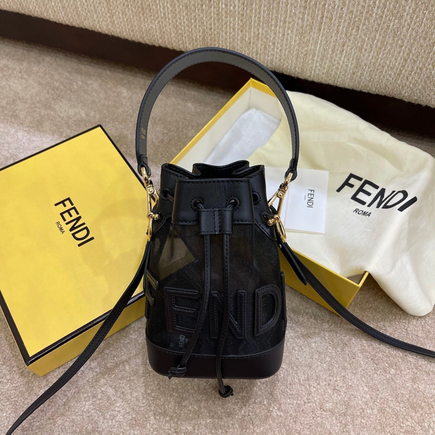 Luxury FendiMON TRESOR 18 IN BLACK CALFSKIN AND MESH