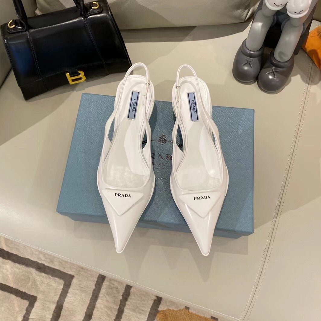 Luxury PradaTRIANGLE LOGO SLINGBACK PUMPS IN WHITE GLOSSY CALFSKIN