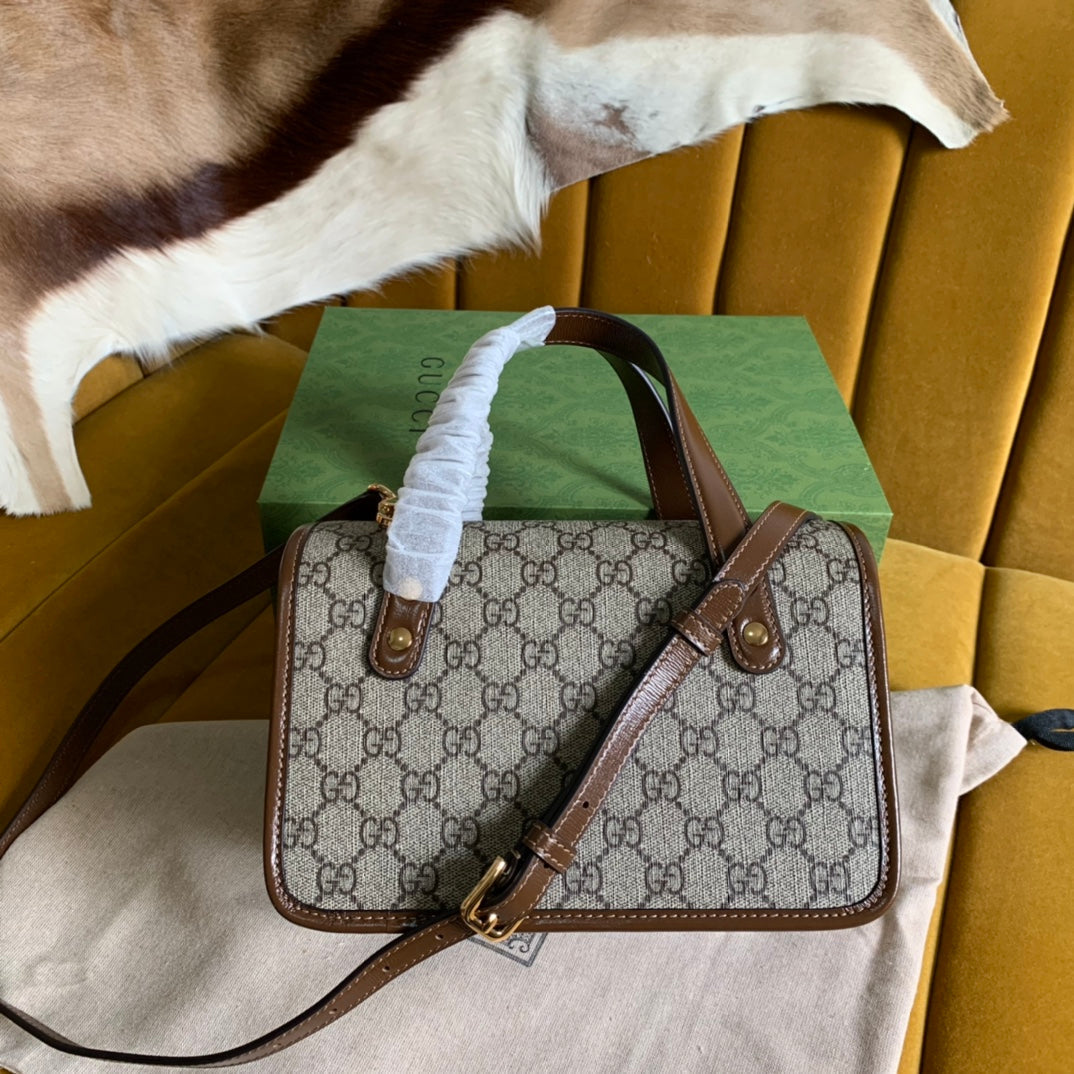 Luxury Gucci GG HORSEBIT 1955 MINI 23 BAG IN BEIGE CANVAS AND BROWN CALFSKIN
