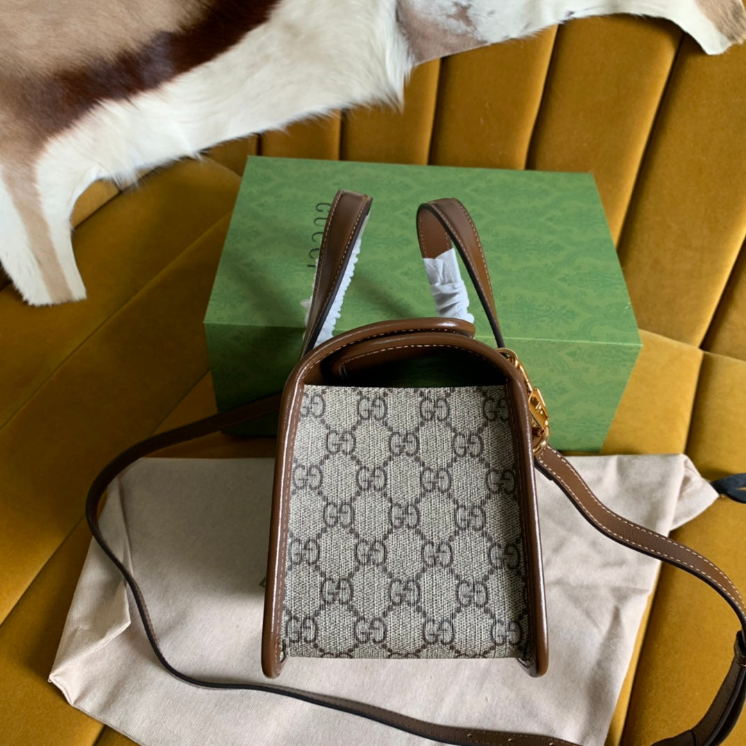 Luxury Gucci GG HORSEBIT 1955 MINI 23 BAG IN BEIGE CANVAS AND BROWN CALFSKIN