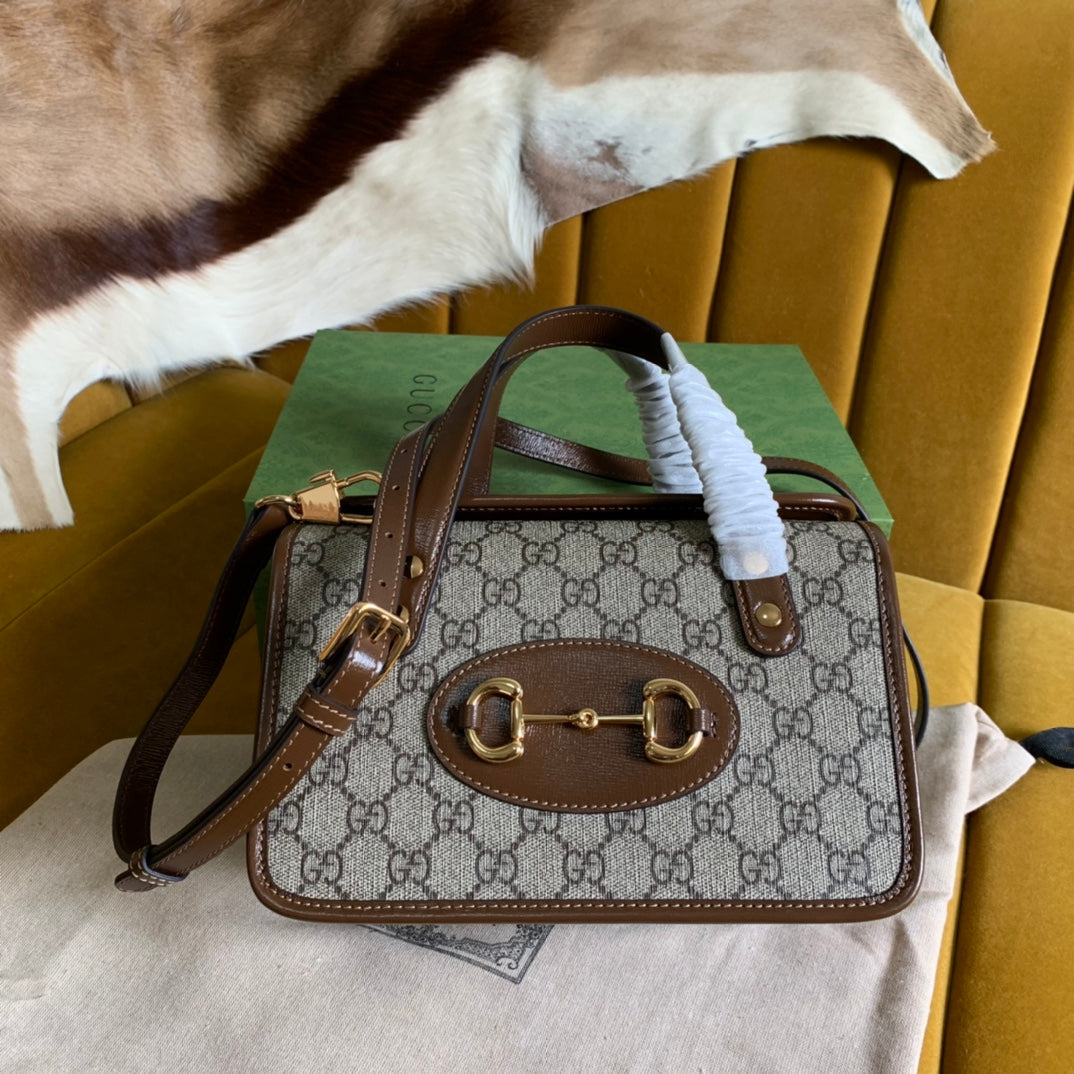 Luxury Gucci GG HORSEBIT 1955 MINI 23 BAG IN BEIGE CANVAS AND BROWN CALFSKIN
