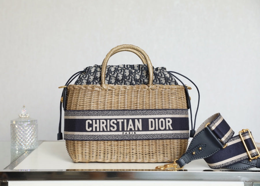 Luxury DiorLARGE 28 BASKET BAG IN BLACK OBLIQUE JACQUARD AND BEIGE WICKER