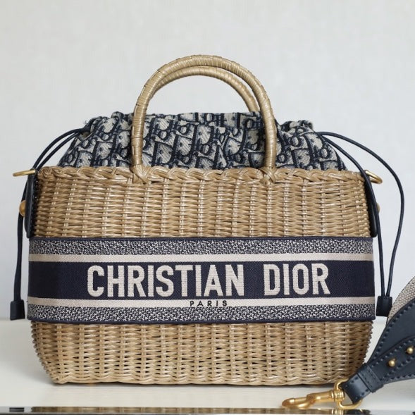 Luxury DiorLARGE 28 BASKET BAG IN BLACK OBLIQUE JACQUARD AND BEIGE WICKER