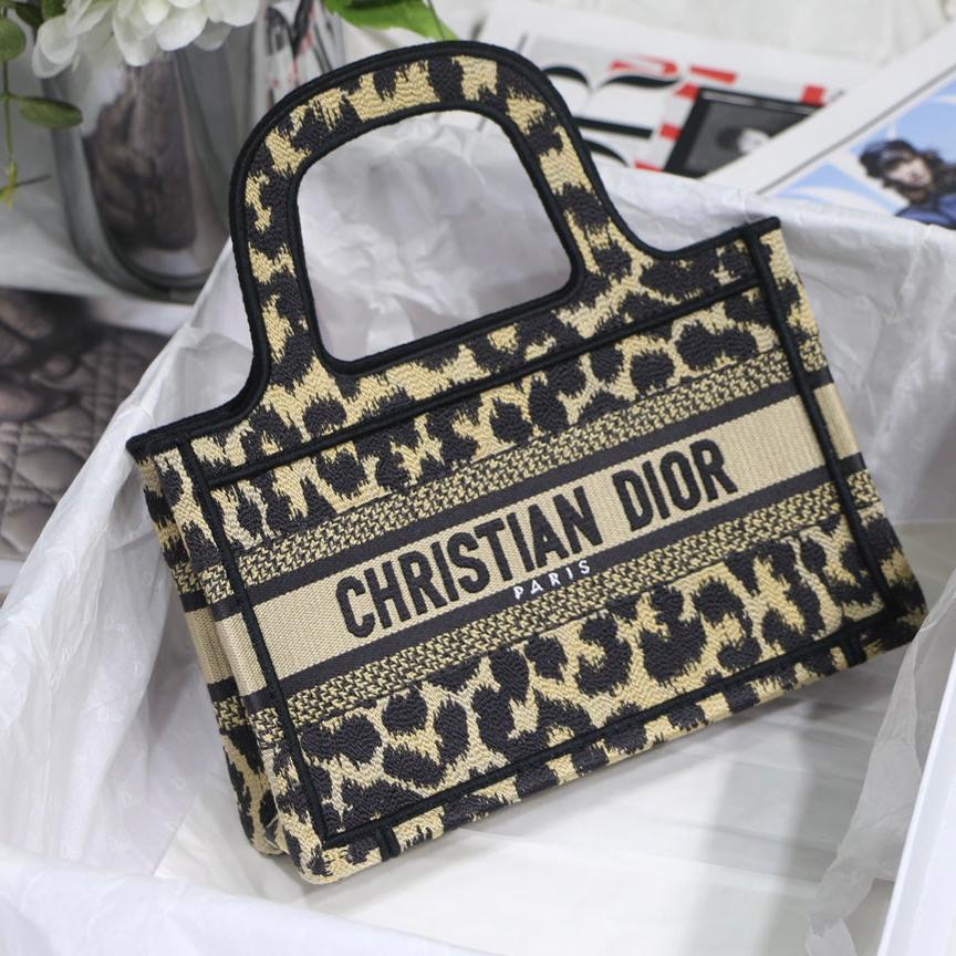 Luxury Diormini book tote 23cm leopard embroidery canvas