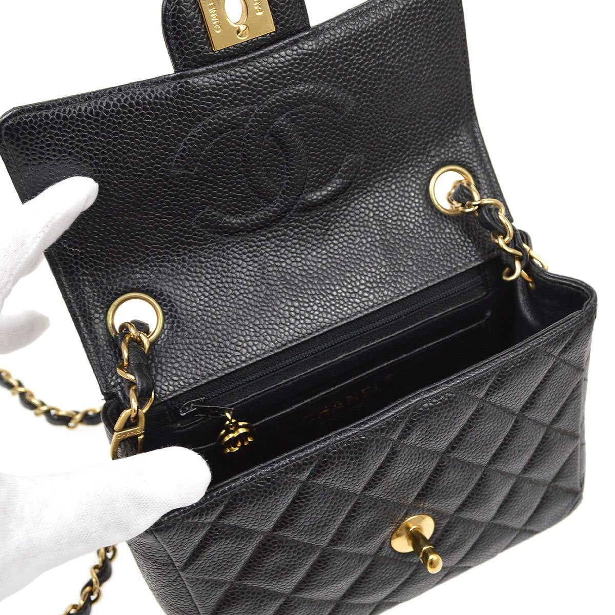 CHANEL 2001-2003 Classic Square Flap 17 Black Caviar 90294