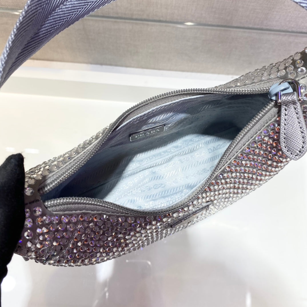 Luxury PradaSPARKLING HOBO BAG 23 IN SILVER NYLON ATTACHED FULLY CRYSTALS