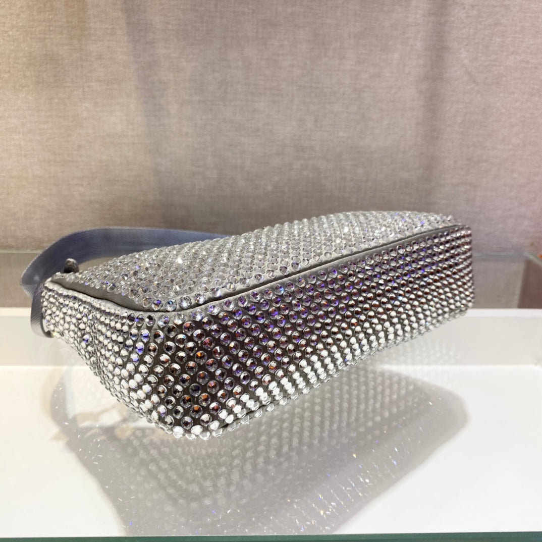 Luxury PradaSPARKLING HOBO BAG 23 IN SILVER NYLON ATTACHED FULLY CRYSTALS