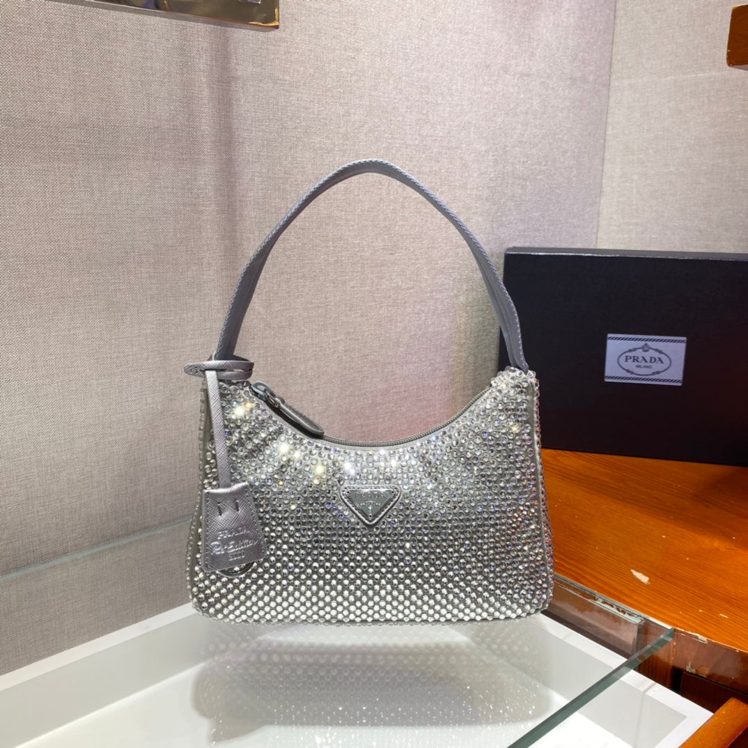 Luxury PradaSPARKLING HOBO BAG 23 IN SILVER NYLON ATTACHED FULLY CRYSTALS